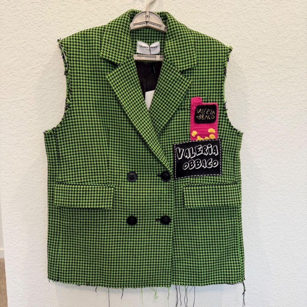 Valeria Obbaco Milano Neon Green Houndstooth Frayed Sleeveless Blazer Vest M NEW